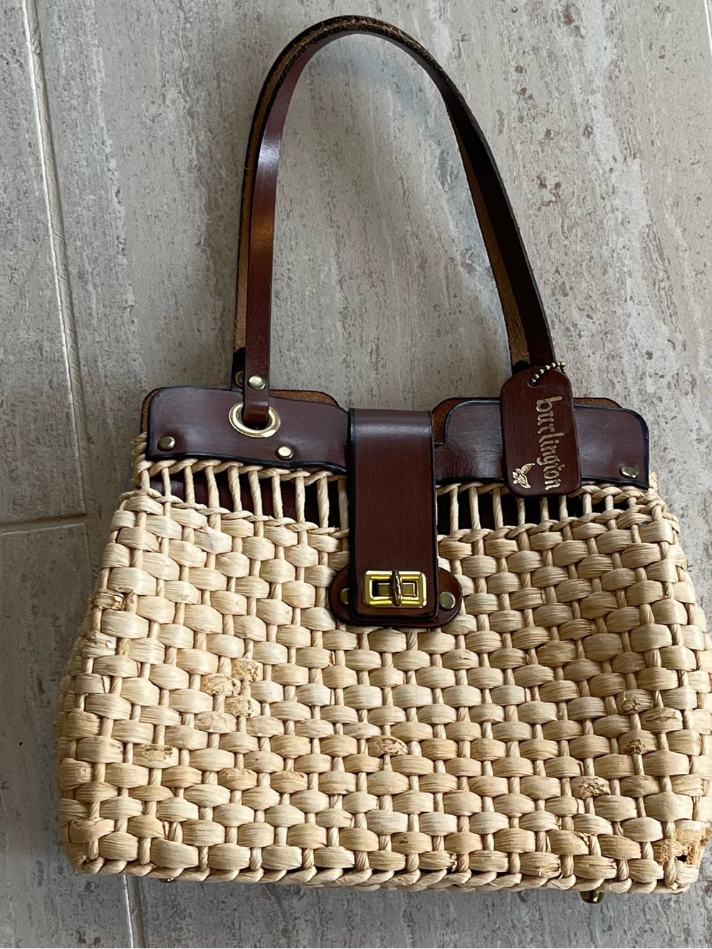 Vintage Burlington Woven Straw Handbag Leather Trim Satchel Summer Purse